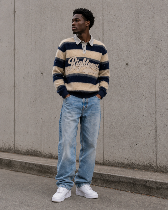 Man wearing a striped sweater and jeans standing against a concrete wall.