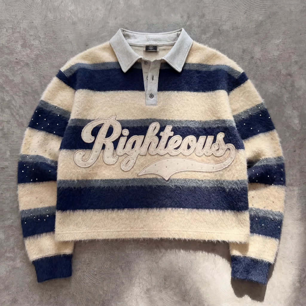 Striped sweater with 'Righteous' text on a textured surface