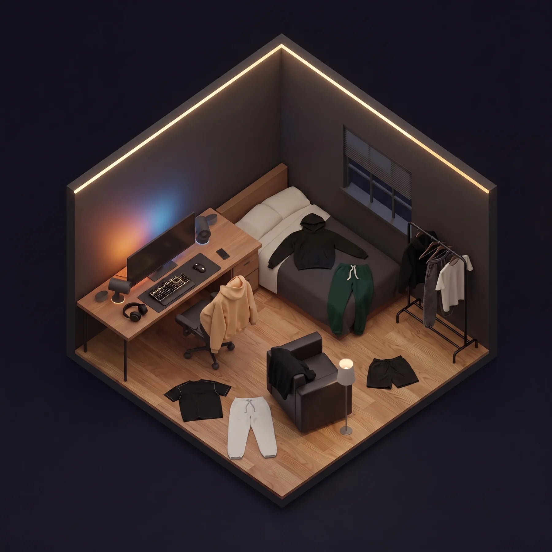 A dim studio bedroom seen from above: a desk with a hoodie over the chair, a bed with a hoodie and sweatpants, a clothes rail, an armchair, and clothes on the floor.